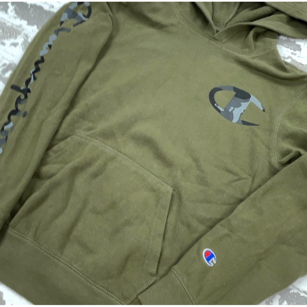 Champion Hoodie Boys Large Green Sweatshirt Sweater Spell Out‎ Logo Youth Olive - Picture 2 of 11